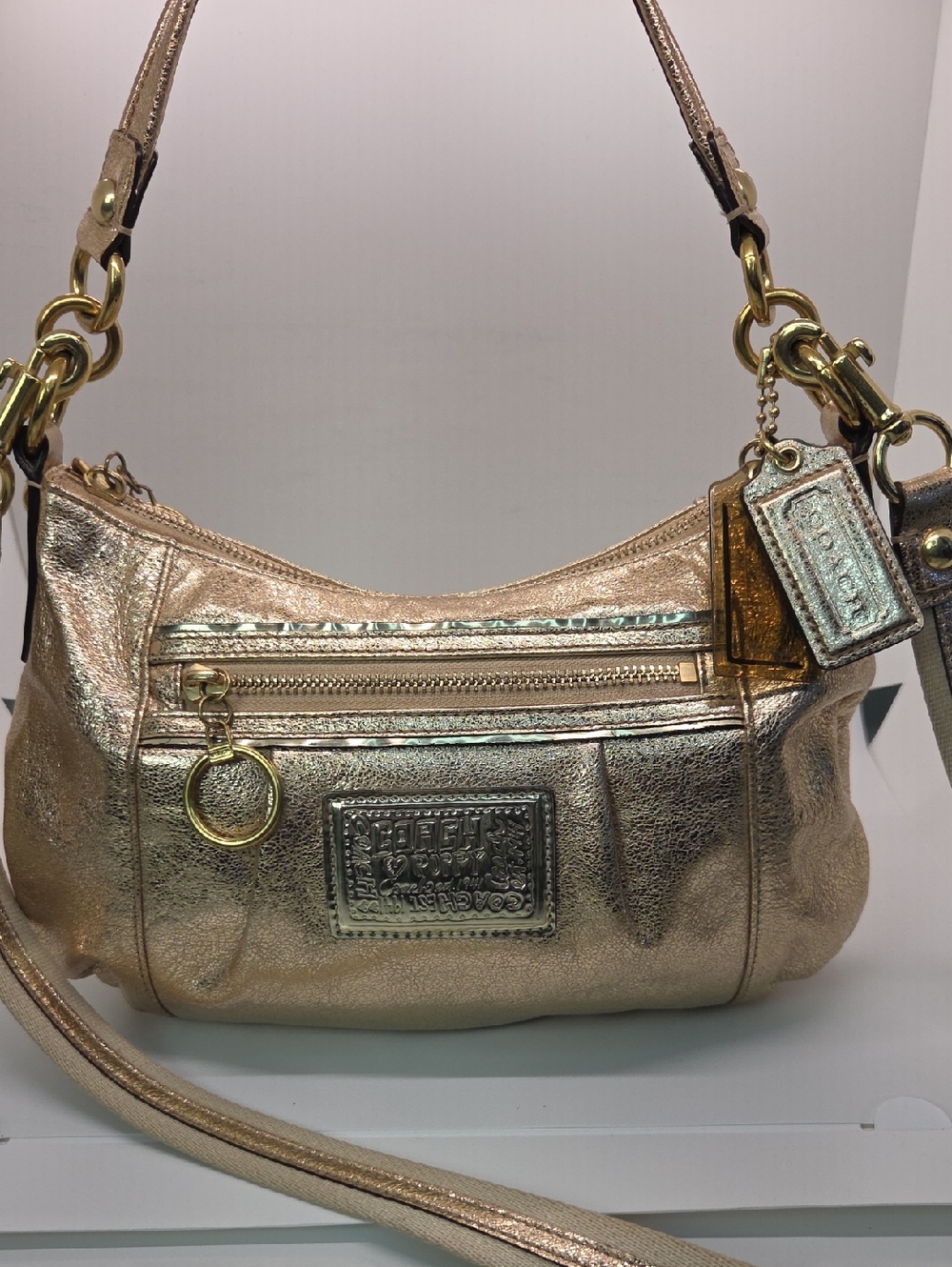 Coach Poppy Metallic Gold Leather Shoulder Bag with Zip Pocket 20383E